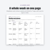 Close-up of the weekly meal planner page with breakfast, lunch, dinner, snacks and drinks for 7 days