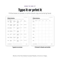 Type it or print it: the planner filled in on screen beside a blank copy printed in black and white