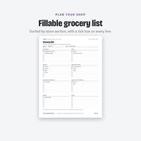Fillable grocery list page sorted by store section with a tick box on every line