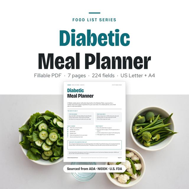 Diabetic Meal Planner worksheet beside a plate of vegetables.
