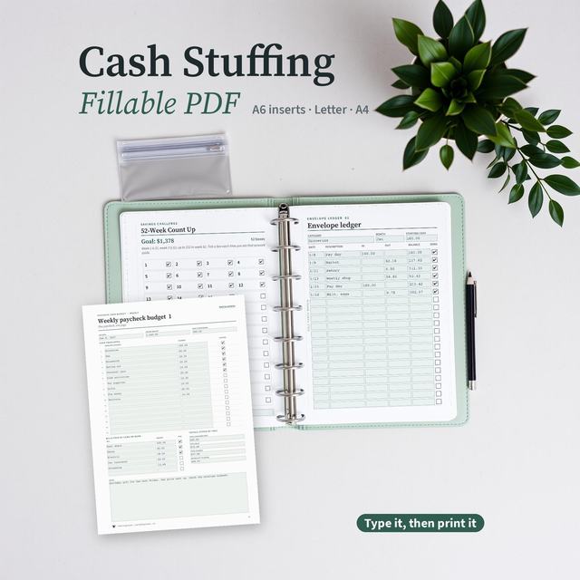 Cash stuffing binder with budget and envelope ledger forms.