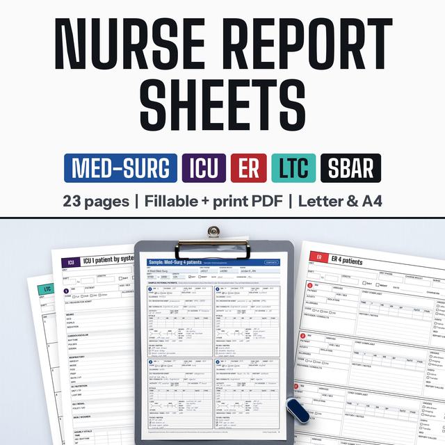 Nurse report sheets on clipboards with patient information tables.