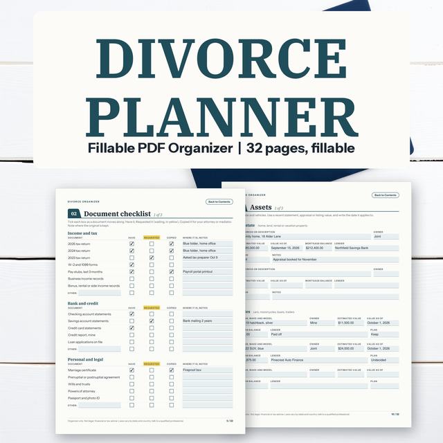 Divorce planner with document checklist, budget and assets forms.