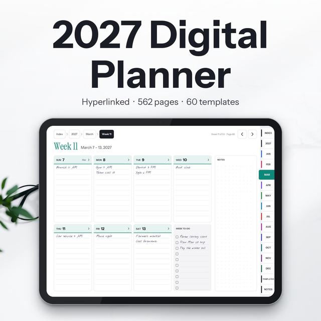 2027 Digital Planner displayed on a tablet with a weekly planning page.