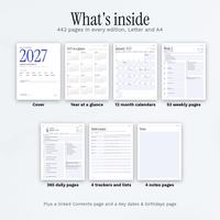 What's inside: cover, year at a glance, month calendar, weekly page, daily page, trackers and notes, 442 pages