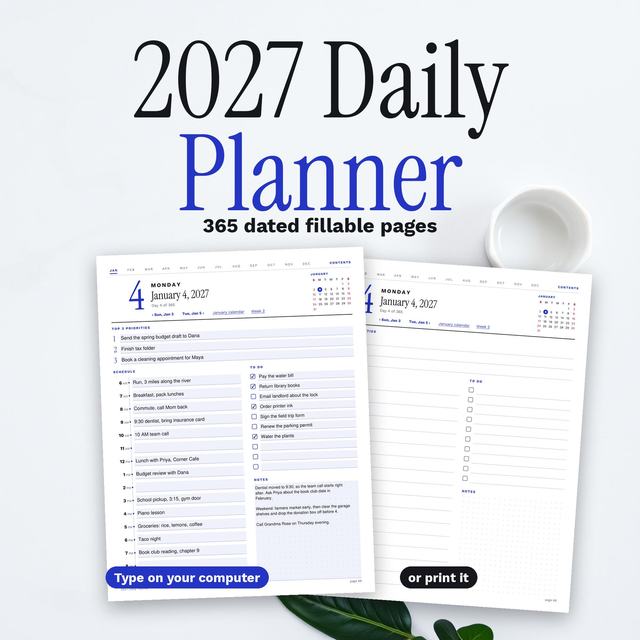 2027 Daily Planner fillable PDF hero: a typed daily page and the printed version