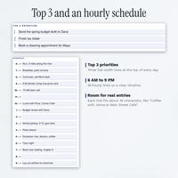 Top 3 priorities and the hourly schedule from 6 AM to 9 PM