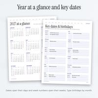 2027 year at a glance with week numbers and the key dates and birthdays page