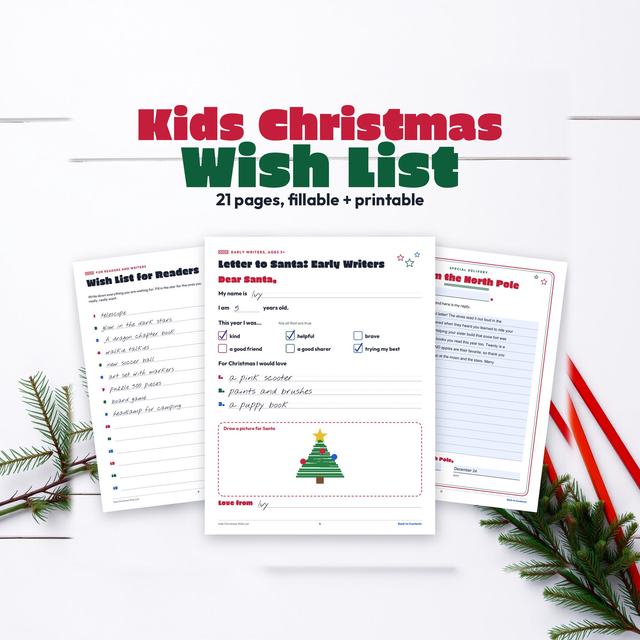 Kids Christmas Wish List with Santa letter, wish list and activity pages.