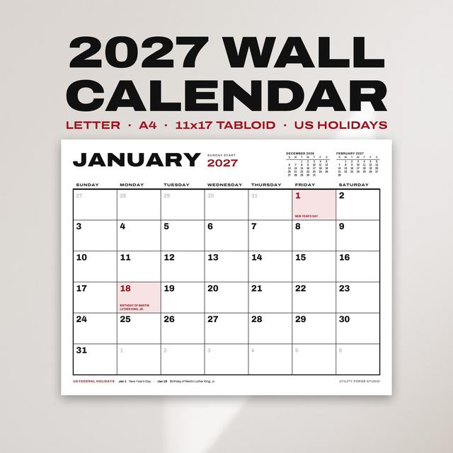 2027 wall calendar with January dates and US holidays.