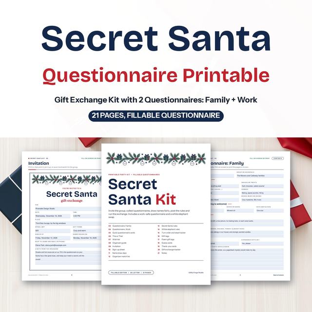 Secret Santa kit with family and work questionnaires and invitation cards.