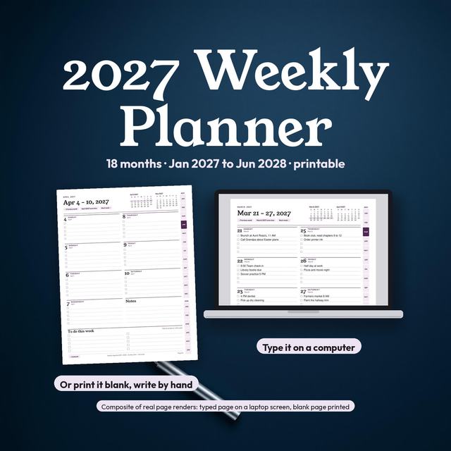 2027 Weekly Planner with weekly pages shown on paper and a laptop.