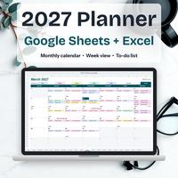 2027 planner displayed on a laptop with a color-coded monthly calendar.