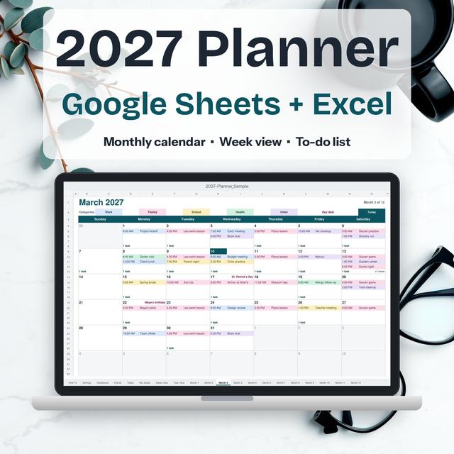 2027 planner displayed on a laptop with a color-coded monthly calendar.