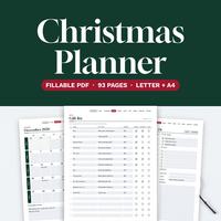 Christmas planner with a December calendar, gift list and holiday planning pages.