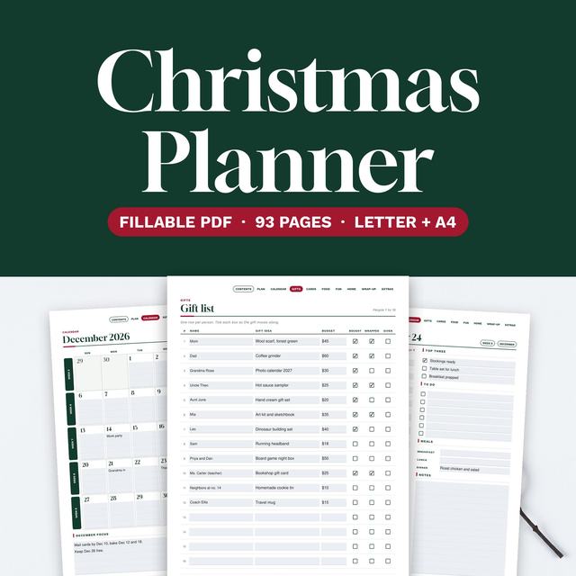 Christmas planner with a December calendar, gift list and holiday planning pages.
