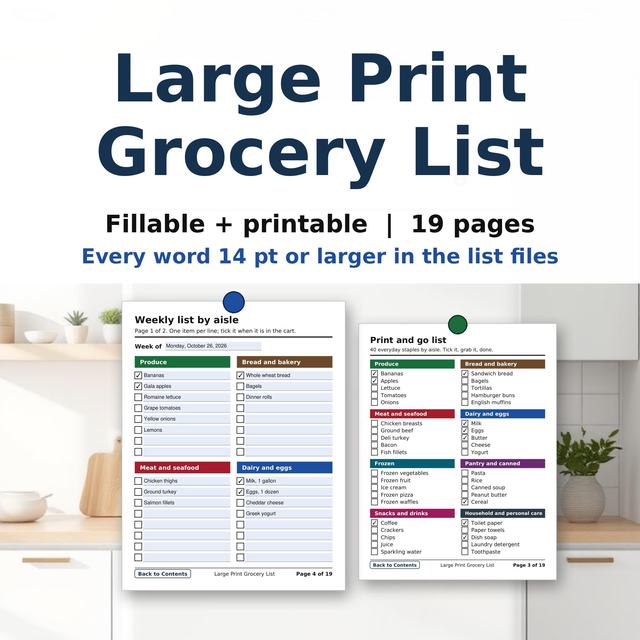 Large print grocery list with weekly shopping lists and a print-and-go page.