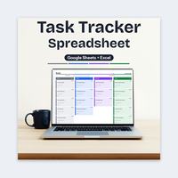 Task tracker on a laptop showing a color-coded status board and task table.