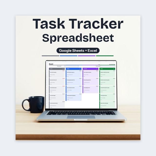 Task tracker on a laptop showing a color-coded status board and task table.