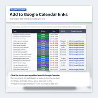 Task table with status colors and links to create calendar events.