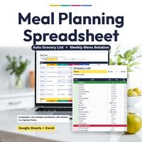 Meal planning spreadsheet with a weekly meal plan and an automatic grocery list.