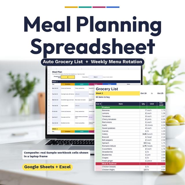 Meal planning spreadsheet with a weekly meal plan and an automatic grocery list.