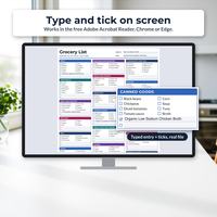 Grocery list displayed on a desktop screen with a magnified canned-goods checklist and typed entries.