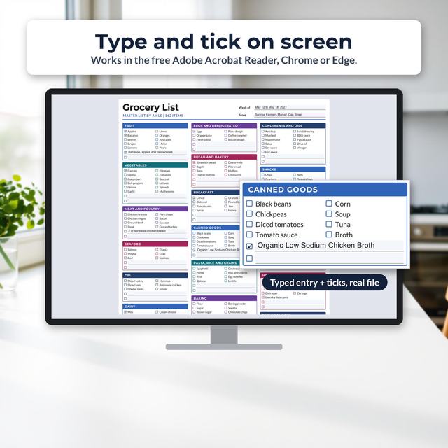 Grocery list displayed on a desktop screen with a magnified canned-goods checklist and typed entries.