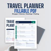 Travel planner cover beside a day-by-day itinerary form.