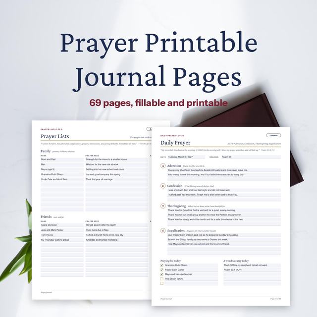Prayer journal cover beside a daily prayer writing page.
