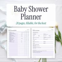 Baby shower planner with guest list, RSVP and party overview forms.