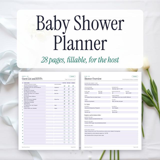 Baby shower planner with guest list, RSVP and party overview forms.