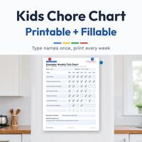 Kids chore chart showing a weekly tick grid with sample tasks.