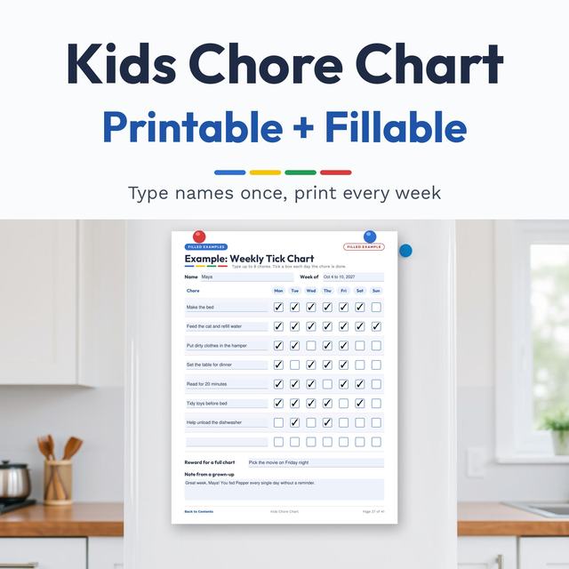 Kids chore chart showing a weekly tick grid with sample tasks.