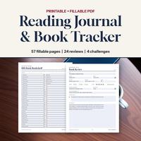 Reading journal with a 100-book bookshelf tracker and a book review form.