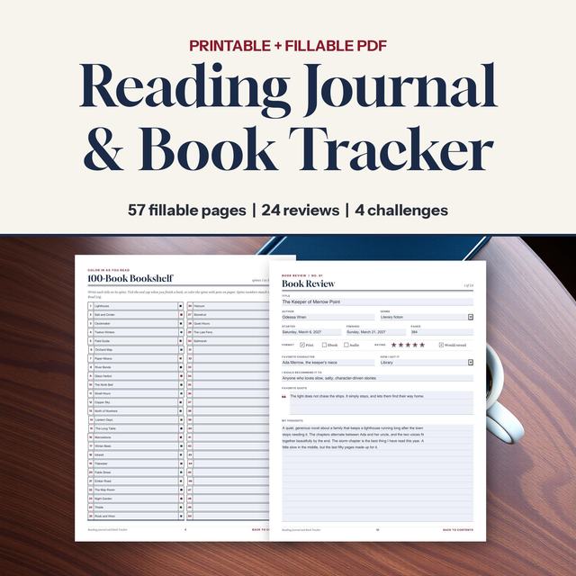 Reading journal with a 100-book bookshelf tracker and a book review form.