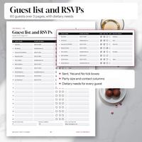 Birthday party guest list with RSVP, party size, dietary needs and contact columns.