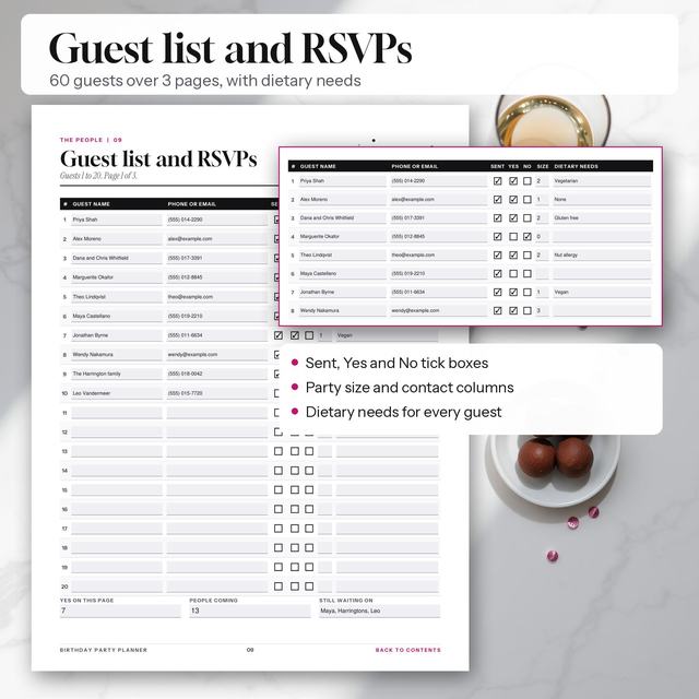 Birthday party guest list with RSVP, party size, dietary needs and contact columns.