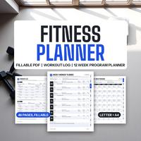 Fitness planner with workout log and weekly workout plan forms.
