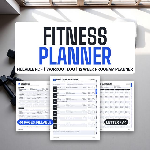 Fitness planner with workout log and weekly workout plan forms.