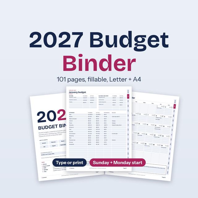 2027 Budget Binder cover beside monthly budget pages.