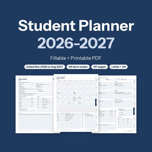 Student Planner 2026-2027 fillable and printable PDF hero with class profile, January month and week pages