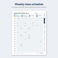 Weekly class schedule from 7 AM to 10 PM with a class color key