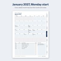 January 2027 month page, Monday start, with due this month list