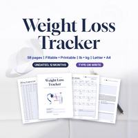 Weight Loss Tracker printable and fillable PDF, 58 pages, lb and kg, Letter and A4, undated 12 months