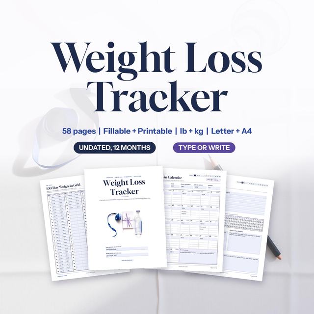 Weight Loss Tracker printable and fillable PDF, 58 pages, lb and kg, Letter and A4, undated 12 months