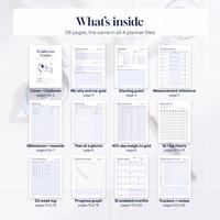 What is inside the 58 page weight loss tracker: cover, goals, measurements, milestones, charts, logs and reviews