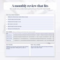 Monthly review with non scale wins, daily basics grid and next month focus