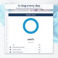 Cleaning schedule spreadsheet Monday routine with a 100% daily ring, Done 9 of 9, checked boxes, crossed out tasks and wide Who cells.