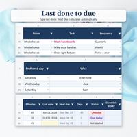 Cleaning schedule spreadsheet Deep Clean views showing task rows 79 to 81, a wide Who column, Wednesday preferred day, Last done, Next due, status and Done this week columns.